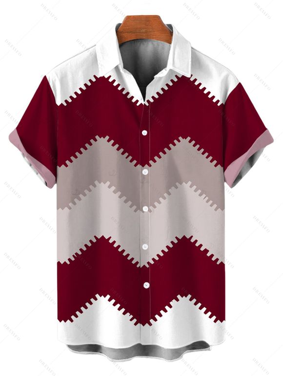 Vintage Couple Outfit Colorblock Jagged Zig Zag Print Spaghetti Strap Maxi Bodycon Dress and Shirt Set - Rouge Vineux S | US 4