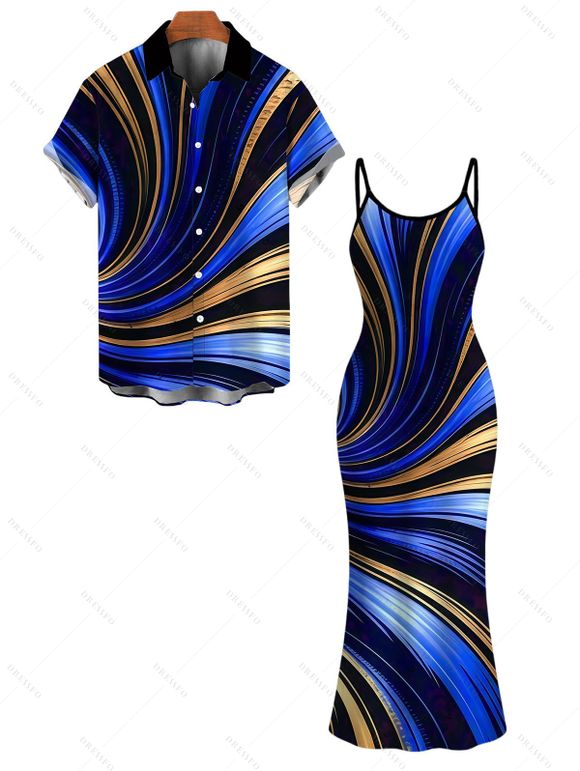 Vacation Couple Outfit Metallic Gold Fluid Swirl Print Spaghetti Strap Maxi Bodycon Dress and Shirt Set - Bleu profond S | US 4