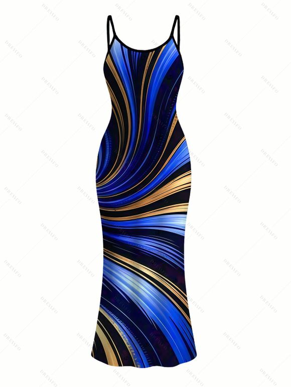 Vacation Couple Outfit Metallic Gold Fluid Swirl Print Spaghetti Strap Maxi Bodycon Dress and Shirt Set - Bleu profond S | US 4