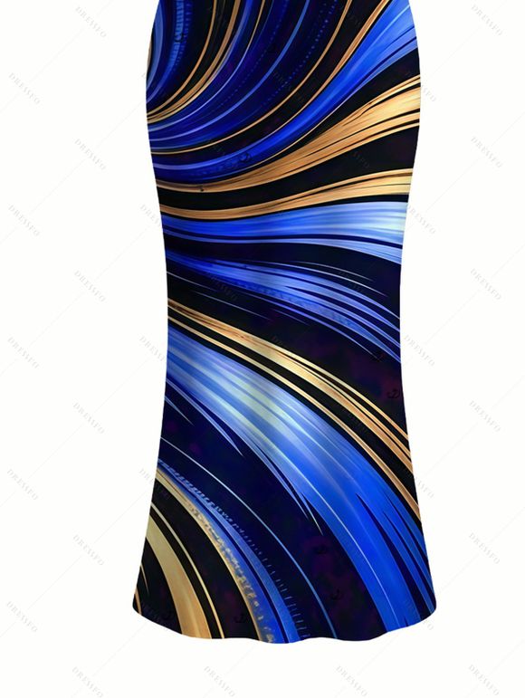Vacation Couple Outfit Metallic Gold Fluid Swirl Print Spaghetti Strap Maxi Bodycon Dress and Shirt Set - Bleu profond S | US 4