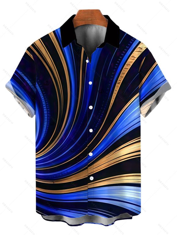 Vacation Couple Outfit Metallic Gold Fluid Swirl Print Spaghetti Strap Maxi Bodycon Dress and Shirt Set - Bleu profond S | US 4