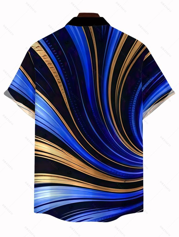 Vacation Couple Outfit Metallic Gold Fluid Swirl Print Spaghetti Strap Maxi Bodycon Dress and Shirt Set - Bleu profond S | US 4