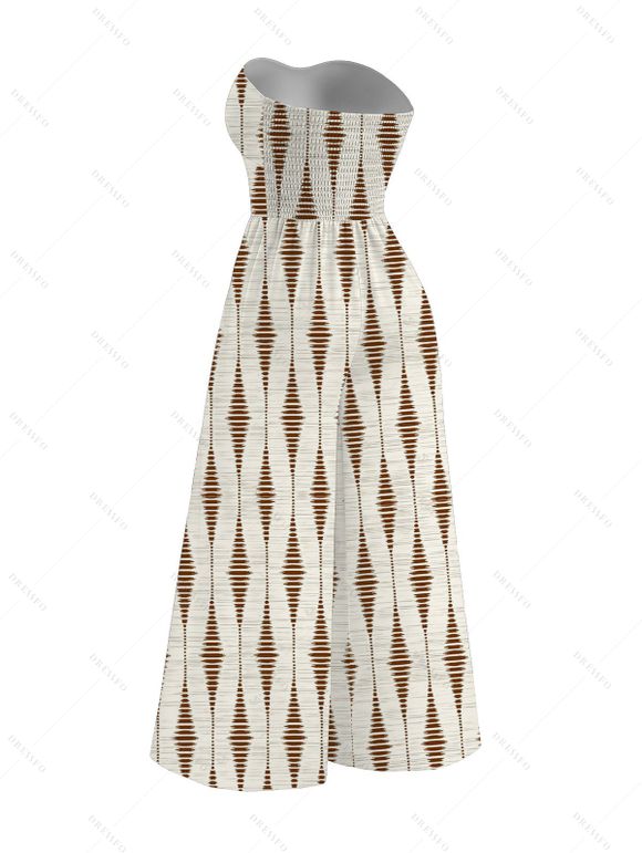 Vacation Vintage Jumpsuit Geometric Striped Print Bowknot Pocket Off the Shoulder Jumpsuit - Beige XXL | US 14