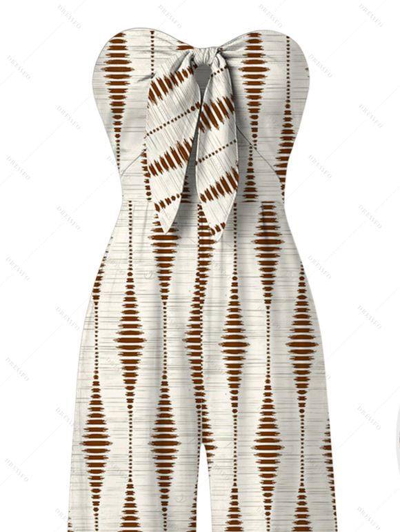 Vacation Vintage Jumpsuit Geometric Striped Print Bowknot Pocket Off the Shoulder Jumpsuit - Beige XXL | US 14