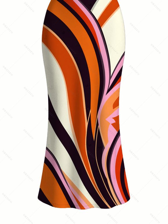 Vintage Couple Outfit Colorblock Abstract Fluid Swirl Print Spaghetti Strap Maxi Bodycon Dress and Shirt Set - Noir S | US 4