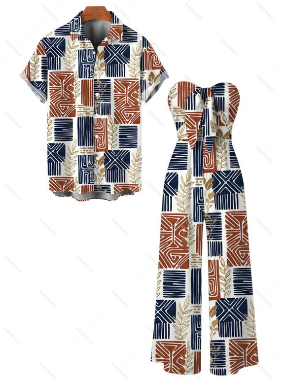 Vintage Ethnic Couple Outfit Colorblock Geometric Patchwork Leaf Print Bowknot Pocket Off the Shoulder Jumpsuit and Shirt Set - multicolor A S | US 4