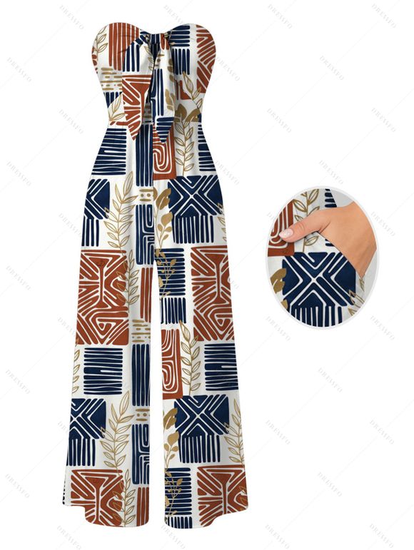 Vintage Ethnic Couple Outfit Colorblock Geometric Patchwork Leaf Print Bowknot Pocket Off the Shoulder Jumpsuit and Shirt Set - multicolor A S | US 4