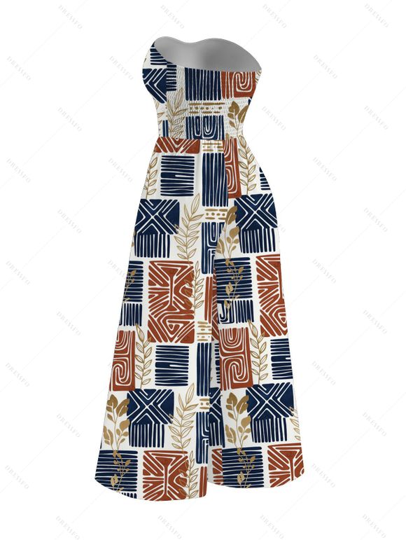 Vintage Ethnic Couple Outfit Colorblock Geometric Patchwork Leaf Print Bowknot Pocket Off the Shoulder Jumpsuit and Shirt Set - multicolor A S | US 4