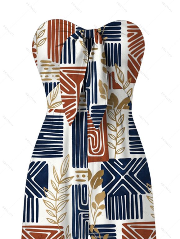 Vintage Ethnic Couple Outfit Colorblock Geometric Patchwork Leaf Print Bowknot Pocket Off the Shoulder Jumpsuit and Shirt Set - multicolor A S | US 4