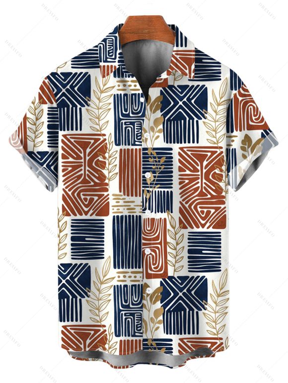 Vintage Ethnic Couple Outfit Colorblock Geometric Patchwork Leaf Print Bowknot Pocket Off the Shoulder Jumpsuit and Shirt Set - multicolor A S | US 4