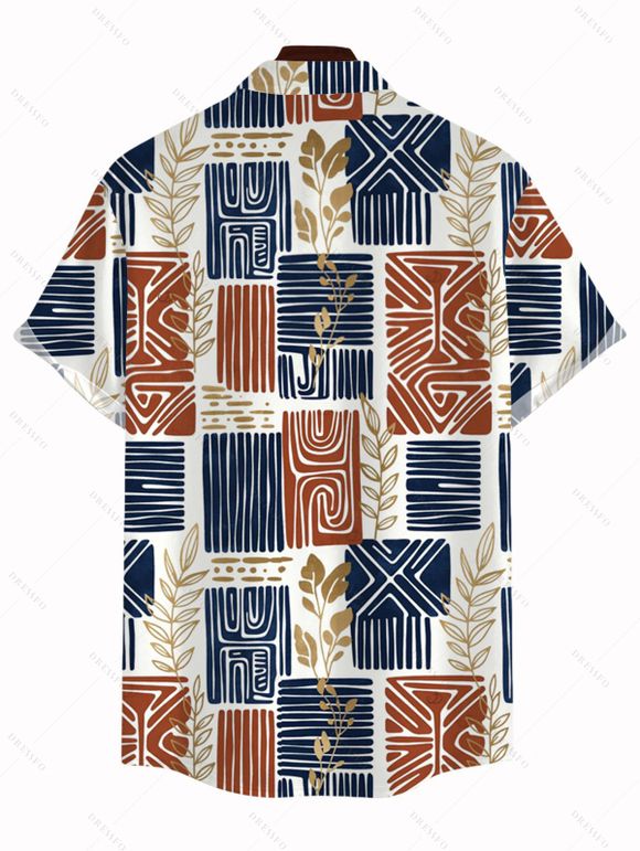 Vintage Ethnic Couple Outfit Colorblock Geometric Patchwork Leaf Print Bowknot Pocket Off the Shoulder Jumpsuit and Shirt Set - multicolor A S | US 4