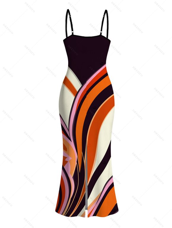 Vintage Dress Colorblock Abstract Fluid Swirl Print Spaghetti Strap Maxi Bodycon Dress - Noir XXL | US 14