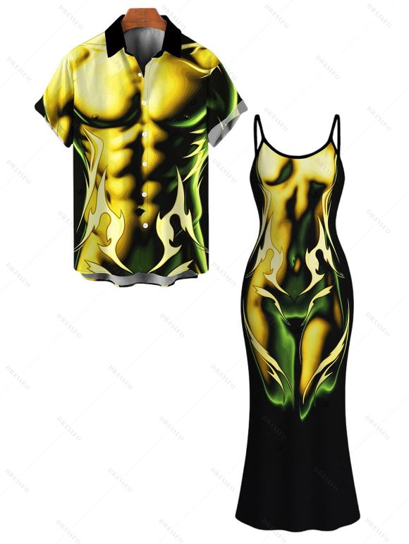 Vacation Couple Outfit Ombre Muscle Flame Print Spaghetti Strap Maxi Bodycon Dress and Shirt Set - Noir S | US 4