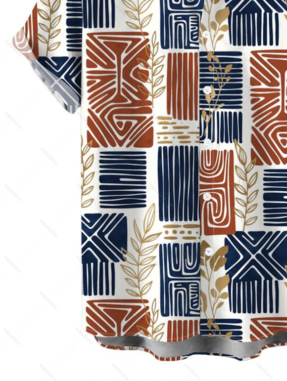 Men's Vintage Ethnic Shirt Colorblock Geometric Patchwork Leaf Print Button Up Shirt - multicolor A 5XL