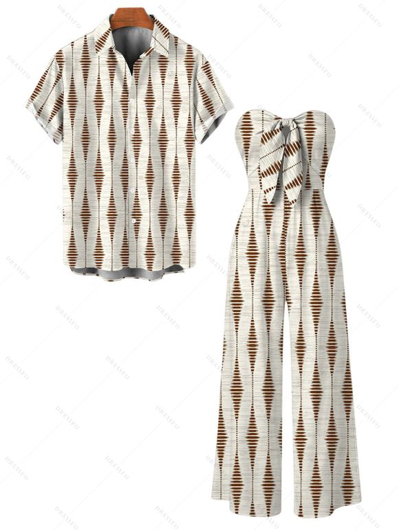 Vacation Vintage Couple Outfit Geometric Striped Print Bowknot Pocket Off the Shoulder Jumpsuit and Shirt Set - Beige S | US 4