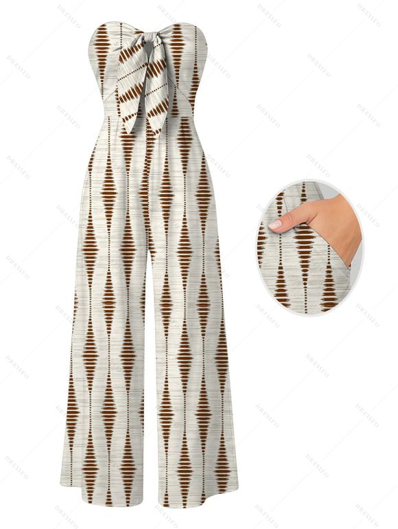 Vacation Vintage Couple Outfit Geometric Striped Print Bowknot Pocket Off the Shoulder Jumpsuit and Shirt Set - Beige S | US 4