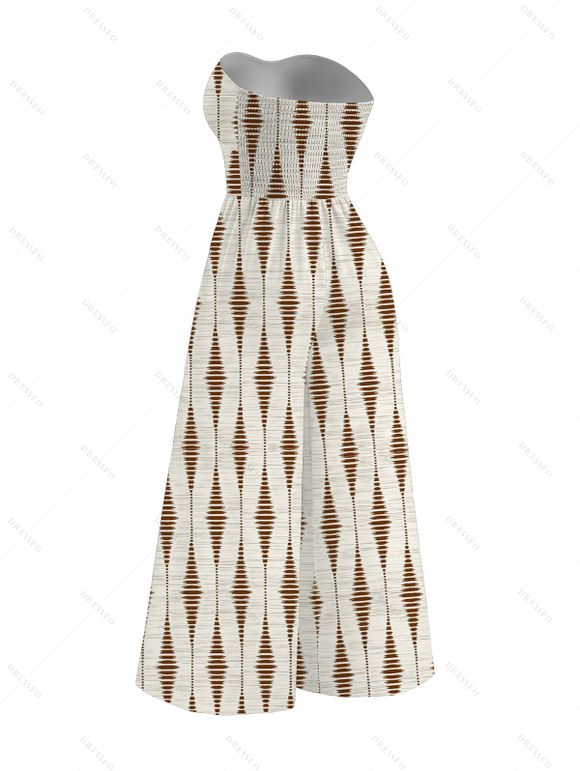 Vacation Vintage Couple Outfit Geometric Striped Print Bowknot Pocket Off the Shoulder Jumpsuit and Shirt Set - Beige S | US 4