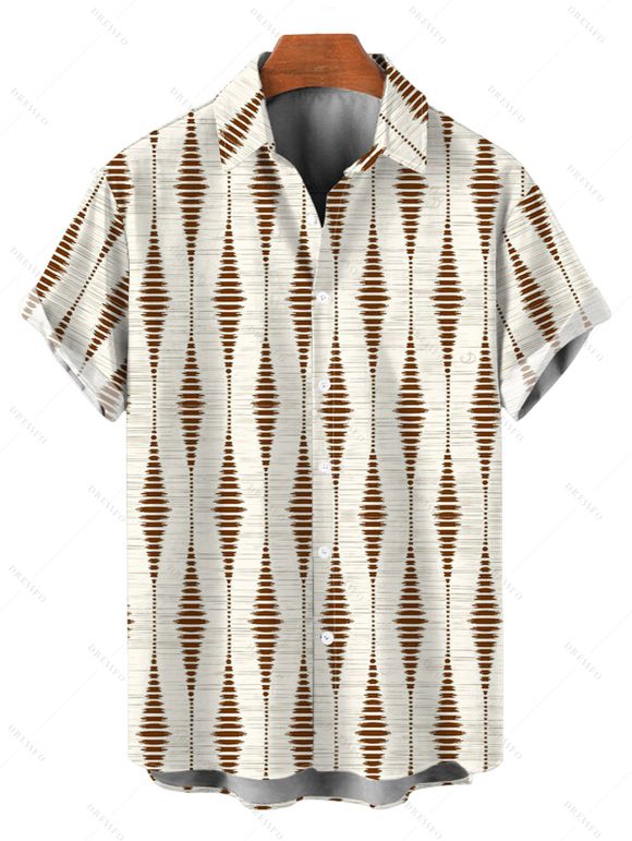 Vacation Vintage Couple Outfit Geometric Striped Print Bowknot Pocket Off the Shoulder Jumpsuit and Shirt Set - Beige S | US 4