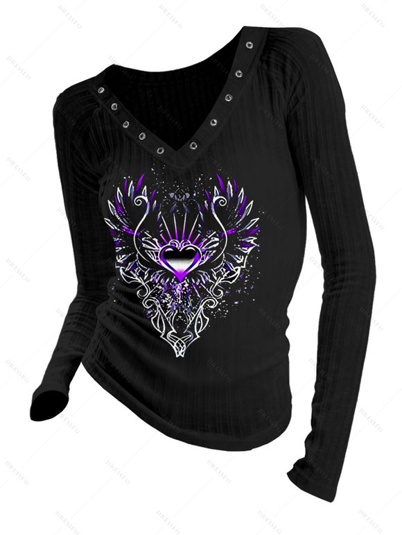 Gothic Top Heart Printed Grommet V Neck Long Sleeve Top - Noir XXL | US 14