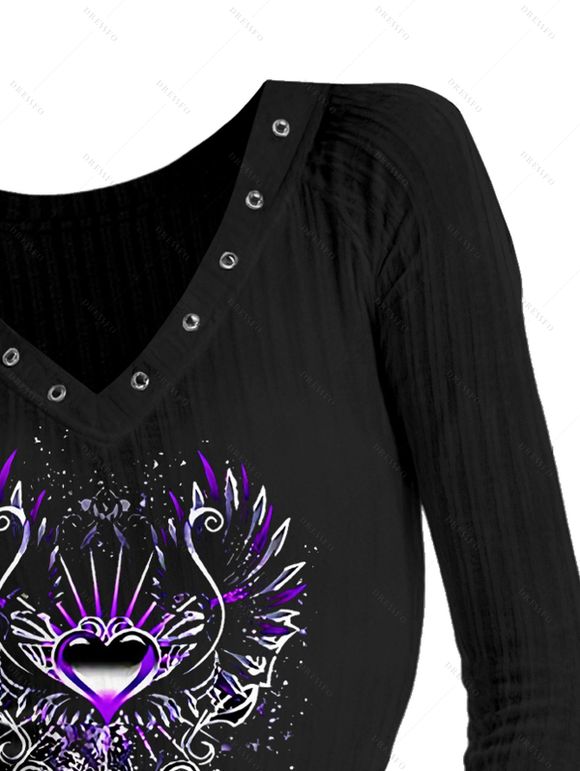 Gothic Top Heart Printed Grommet V Neck Long Sleeve Top - Noir XXL | US 14