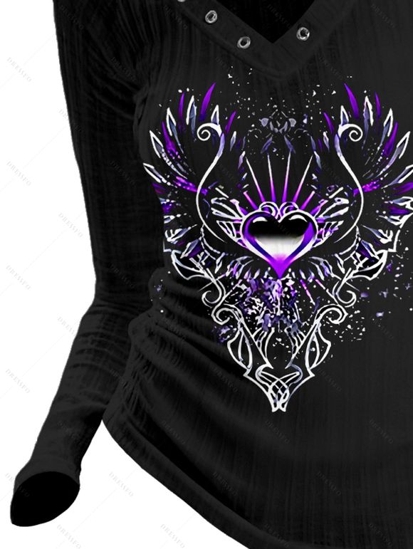 Gothic Top Heart Printed Grommet V Neck Long Sleeve Top - Noir XXL | US 14