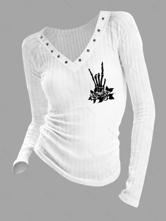Gothic Long Sleeve Top Skeleton Hand Rose Floral Print Grommet V Neck Top - Blanc XXL | US 14