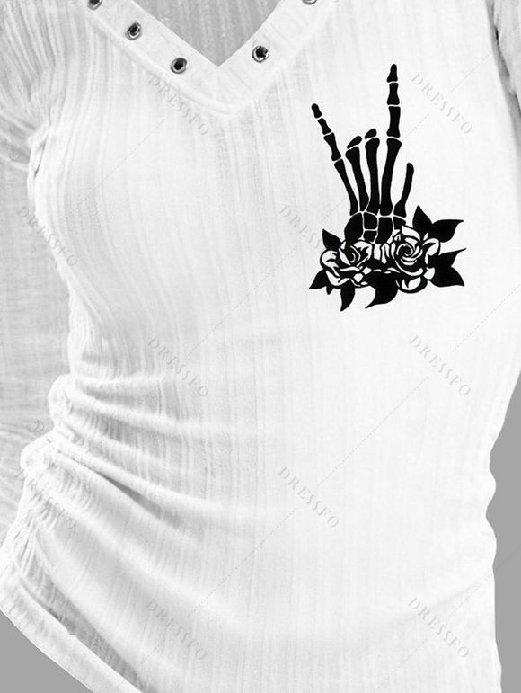 Gothic Long Sleeve Top Skeleton Hand Rose Floral Print Grommet V Neck Top - Blanc XXL | US 14
