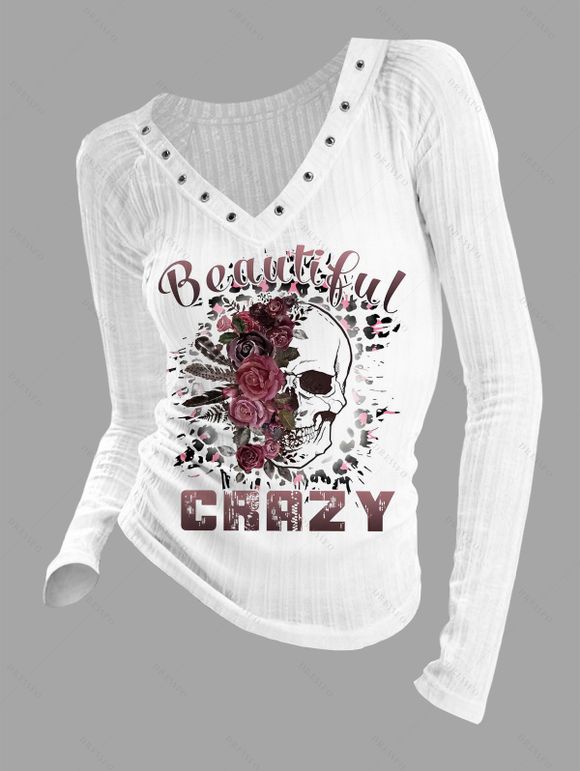 Gothic Top Skull Rose Letter Print Grommet Long Sleeve Top - Blanc XXL | US 14