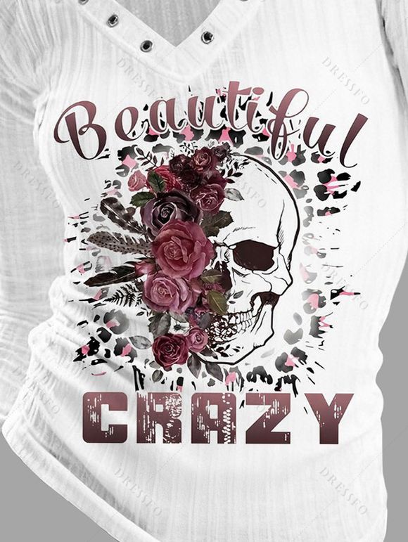 Gothic Top Skull Rose Letter Print Grommet Long Sleeve Top - Blanc XXL | US 14