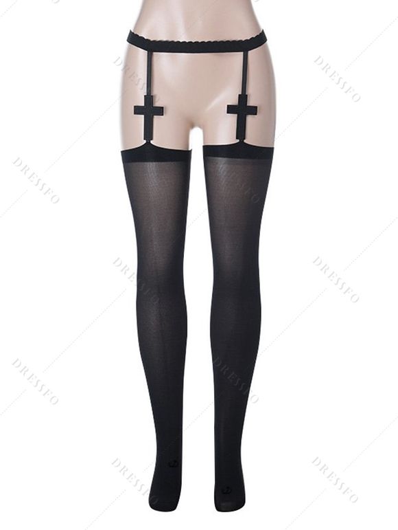 Gothic Garter Stockings Cross Decor Thigh High Socks - Noir ONE SIZE