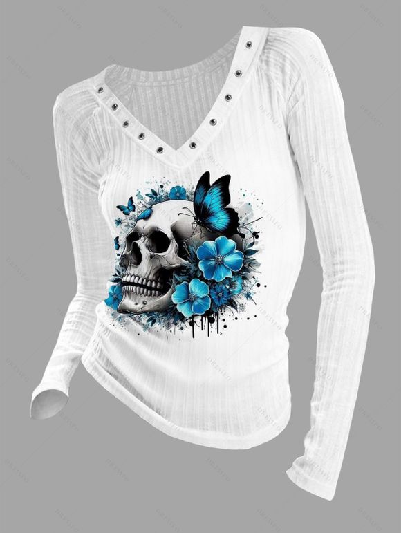 Gothic Top Skull Butterfly Floral Print Grommet Long Sleeve V Neck Top - Blanc XXL | US 14