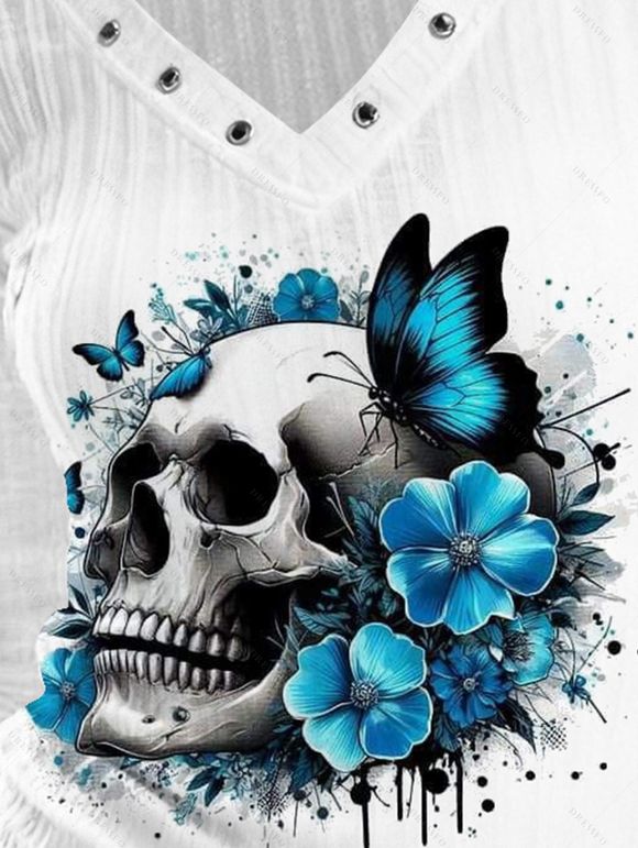 Gothic Top Skull Butterfly Floral Print Grommet Long Sleeve V Neck Top - Blanc XXL | US 14