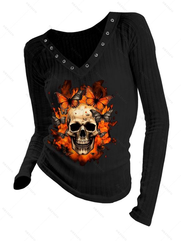 Gothic Top Skull Butterfly Fire Print Grommet V Neck Long Sleeve Vintage Top - Noir XXL | US 14
