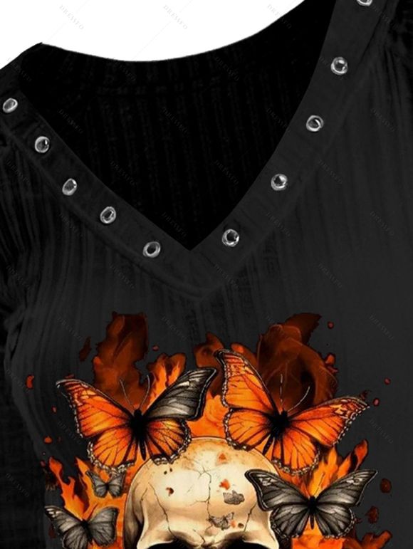 Gothic Top Skull Butterfly Fire Print Grommet V Neck Long Sleeve Vintage Top - Noir XXL | US 14