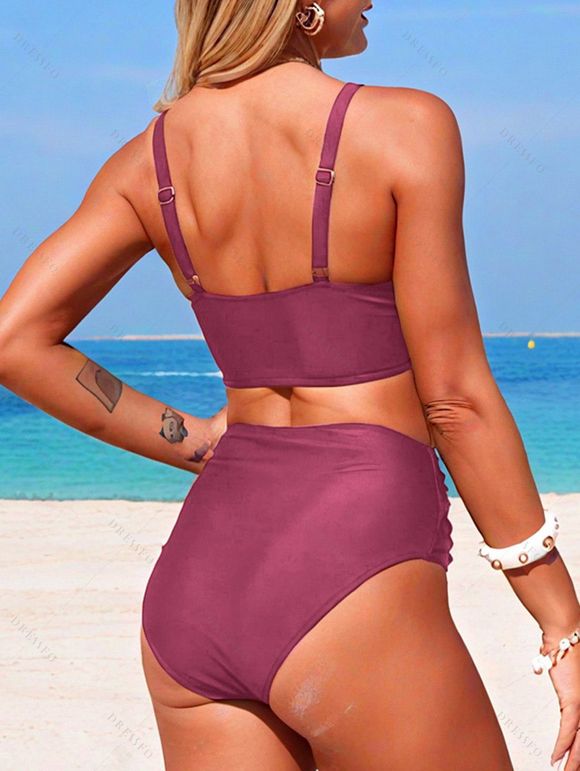 Maillot de bain tankini de plage uni, culotte froncée et torsadée, maillot de bain de vacances - Rouge Vineux M | US 6