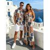 Vintage Ethnic Couple Outfit Colorblock Geometric Patchwork Leaf Print Bowknot Pocket Off the Shoulder Jumpsuit and Shirt Set - multicolor A S | US 4