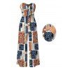 Vintage Ethnic Couple Outfit Colorblock Geometric Patchwork Leaf Print Bowknot Pocket Off the Shoulder Jumpsuit and Shirt Set - multicolor A S | US 4