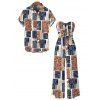 Vintage Ethnic Couple Outfit Colorblock Geometric Patchwork Leaf Print Bowknot Pocket Off the Shoulder Jumpsuit and Shirt Set - multicolor A S | US 4