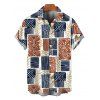 Vintage Ethnic Couple Outfit Colorblock Geometric Patchwork Leaf Print Bowknot Pocket Off the Shoulder Jumpsuit and Shirt Set - multicolor A S | US 4