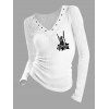 Gothic Long Sleeve Top Skeleton Hand Rose Floral Print Grommet V Neck Top - Blanc XXL | US 14