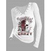 Gothic Top Skull Rose Letter Print Grommet Long Sleeve Top - Blanc L | US 8-10
