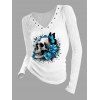 Gothic Top Skull Butterfly Floral Print Grommet Long Sleeve V Neck Top - Blanc S | US 4