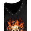 Gothic Top Skull Butterfly Fire Print Grommet V Neck Long Sleeve Vintage Top - Noir XXL | US 14