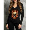 Gothic Top Skull Butterfly Fire Print Grommet V Neck Long Sleeve Vintage Top - Noir S | US 4