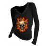 Gothic Top Skull Butterfly Fire Print Grommet V Neck Long Sleeve Vintage Top - Noir XL | US 12