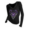 Gothic Top Heart Printed Grommet V Neck Long Sleeve Top - Noir S | US 4