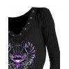 Gothic Top Heart Printed Grommet V Neck Long Sleeve Top - Noir S | US 4