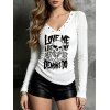 Gothic Top Textured Skull Slogan Print Grommet Long Sleeve Top - Blanc M | US 6