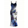 Vacation Dress Ink Wash Ombre Butterfly Floral Print Spaghetti Strap Maxi Bodycon Dress - Bleu XXL | US 14