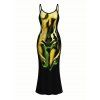 Vacation Dress Ombre Muscle Flame Print Spaghetti Strap Maxi Bodycon Dress - Noir XXL | US 14